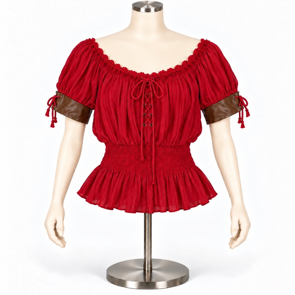 Belle Poque Red Peasant Top Renaissance Lace Up Faux Leather Trim Small